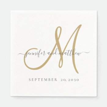 Classic Gray White Gold Monogram Elegant Wedding Napkins by monogramgallery at Zazzle