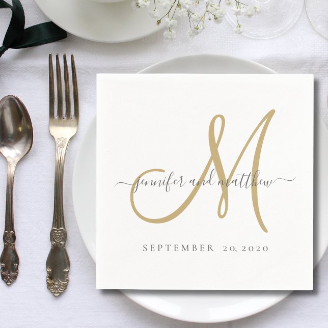 Classic Gray White Gold Monogram Elegant Wedding Napkins (Creator Uploaded)