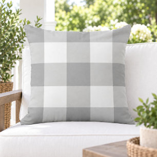 Classic Gray White Large Gingham Check Outdoor Pillow