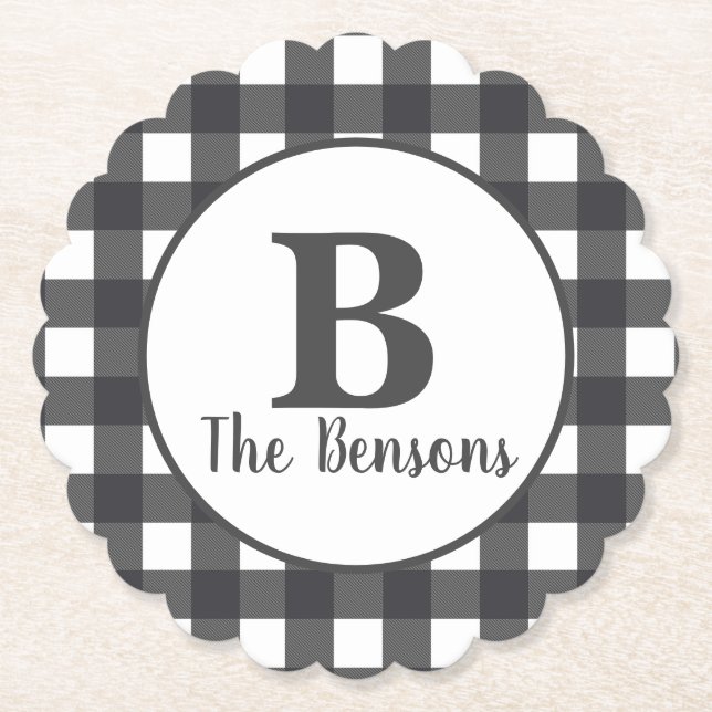Classic Gray White Monogram Buffalo Plaid Paper Coaster (Front)