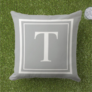 Classic Gray White Square Frame Monogram Outdoor Pillow