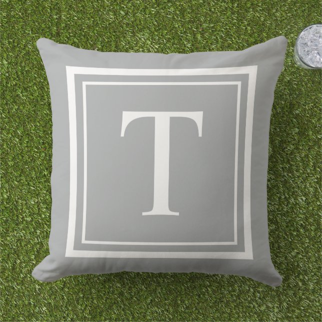 Classic Gray White Square Frame Monogram Outdoor Pillow (Grass)