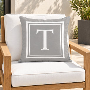 Classic Gray White Square Frame Monogram Outdoor Pillow