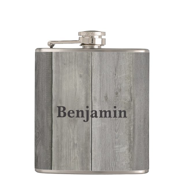 Classic Gray Wood Name Flask (Front)