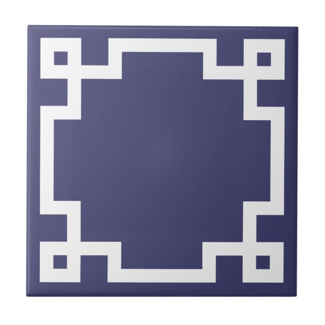 Classic Greek Key Border Navy Blue White Ceramic Tile (Front)