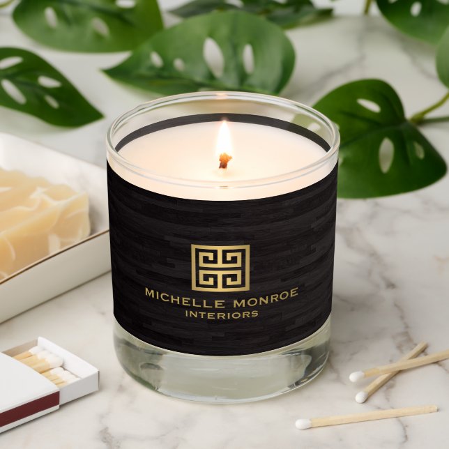 Classic Greek Key Designer Logo Gold/Woodgrain Scented Candle (Lit)