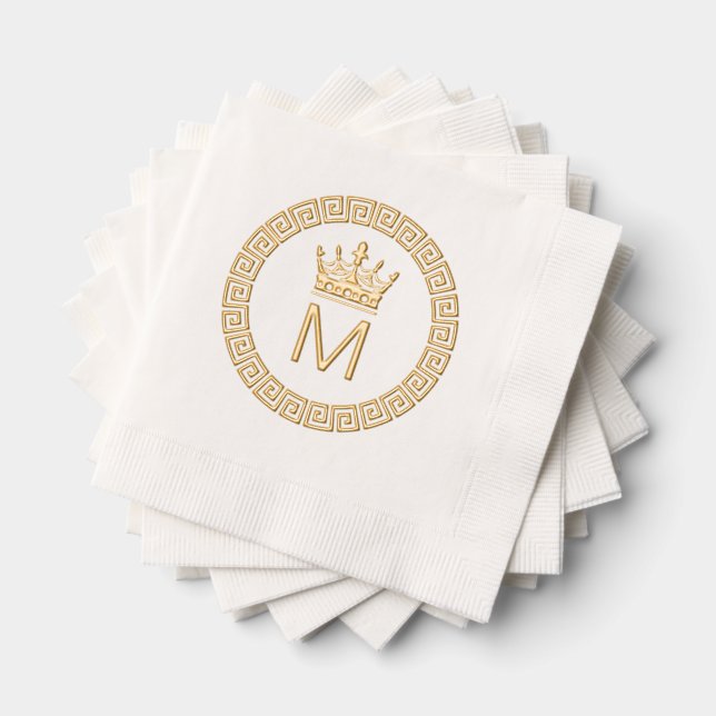 Classic Greek Key S Framed Initial Crown Monogram Foil Napkins (Insitu (Stacked))