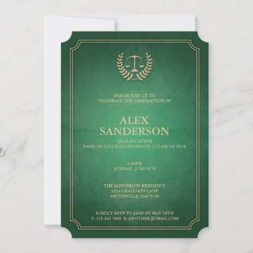 Classic Green and Gold Law School Graduation Invitation