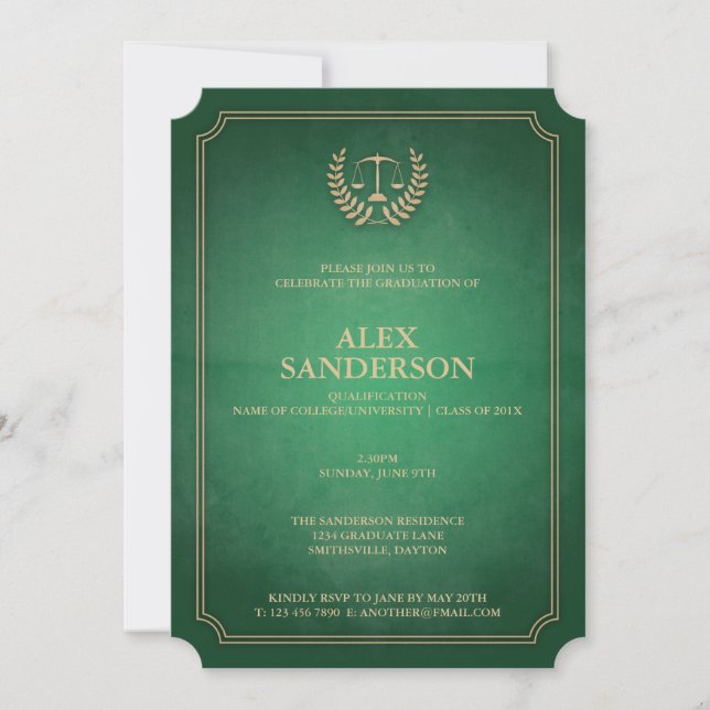 Classic Green and Gold Law School Graduation Invitation (Front)