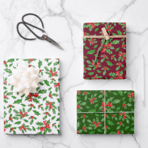 Classic Green and Red Christmas Holly Pattern Wrapping Paper Sheets