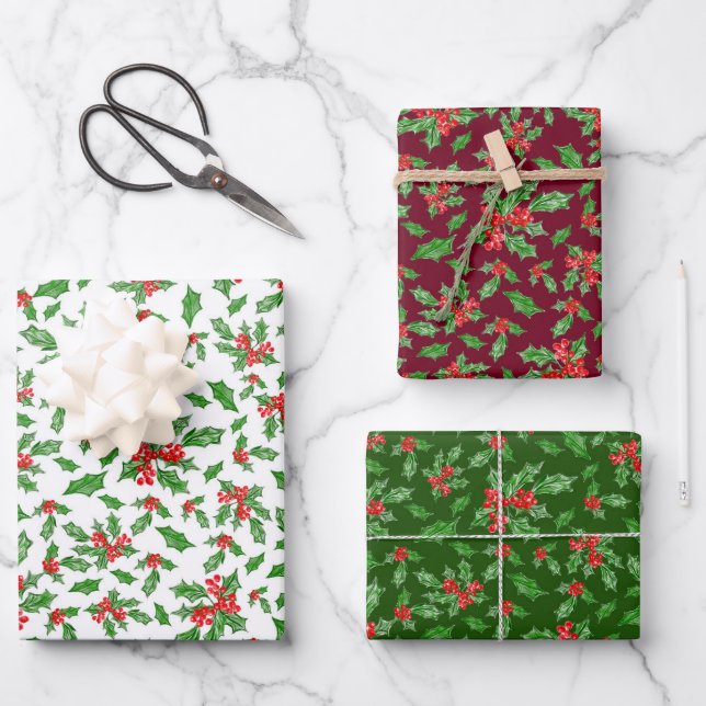 Classic Green and Red Christmas Holly Pattern Wrapping Paper Sheets (Front)