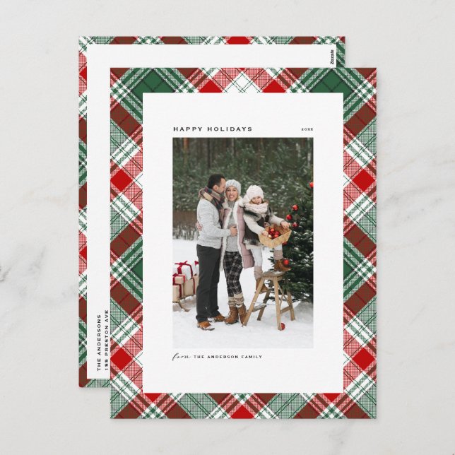 Classic Green and Red Plaid Pattern Photo Holiday Postcard (Front/Back)