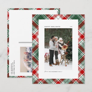 Classic Green and Red Plaid Pattern Photo Holiday Postcard