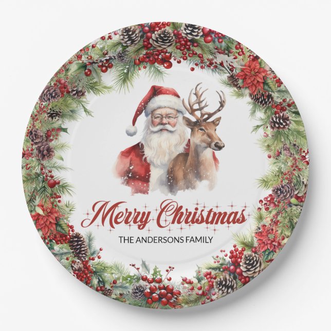 Classic green and red wreath Santa with reindeer Paper Plates (Front)