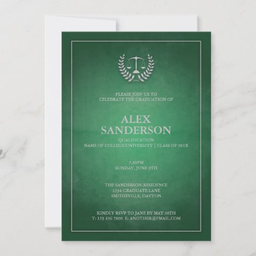 Classic Green and Silver Law School Graduation Invitation