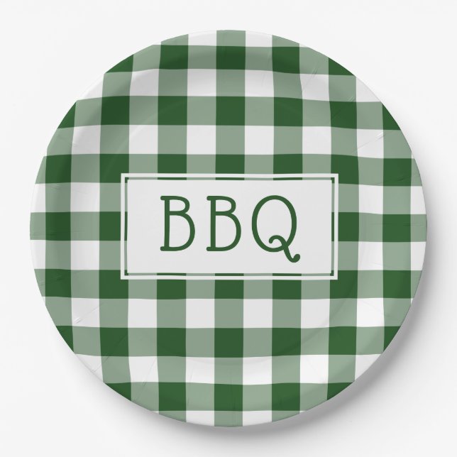 Classic Green and White Gingham Pattern BBQ Party Paper Plates (Front)