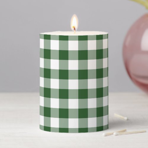 Classic Green and White Gingham Plaid Pattern Pillar Candle