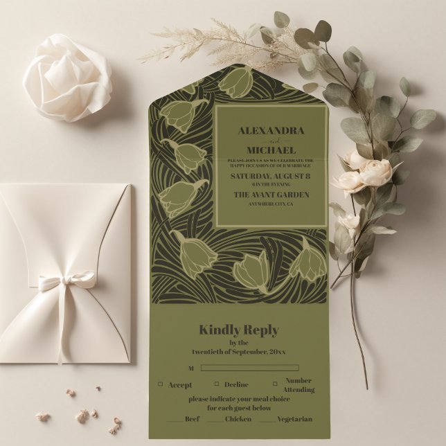 Classic Green Art Nouveau Wedding All In One Invitation (Creator Uploaded)