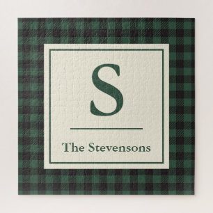 Classic Green Black Buffalo Tartan Plaid Monogram Jigsaw Puzzle