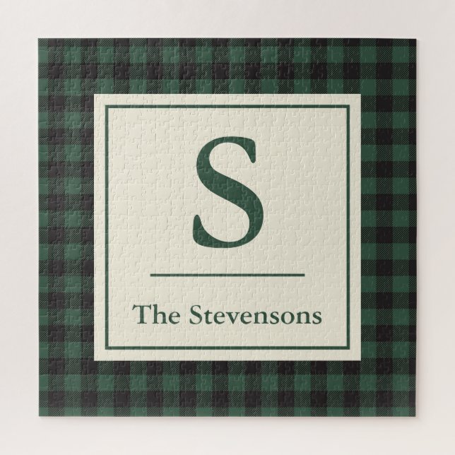Classic Green Black Buffalo Tartan Plaid Monogram Jigsaw Puzzle (Vertical)