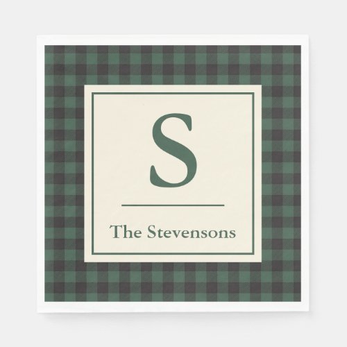 Classic Green Black Buffalo Tartan Plaid Monogram  Napkins