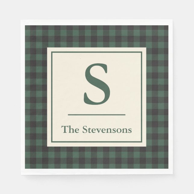 Classic Green Black Buffalo Tartan Plaid Monogram  Napkins (Front)
