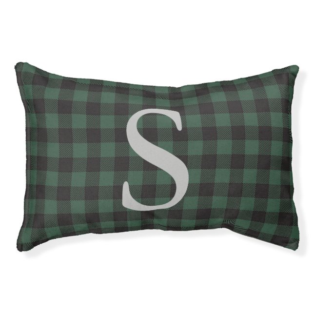 Classic Green Black Buffalo Tartan Plaid Monogram Pet Bed (Front)