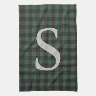 Classic Green Black Tartan Plaid Monogrammed Kitchen Towel