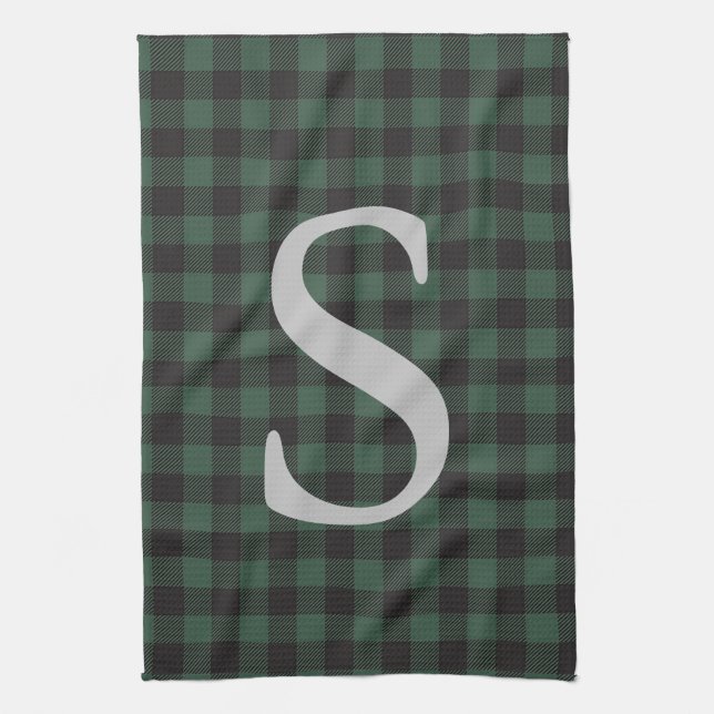 Classic Green Black Tartan Plaid Monogrammed Kitchen Towel (Vertical)