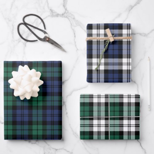 Classic Green Blue Black Watch Plaid Christmas Wrapping Paper Sheets