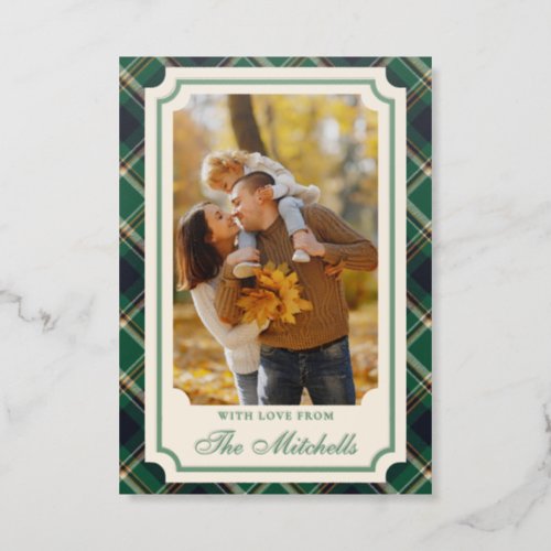 Classic Green Blue Dark Red Plaid Pattern Holiday Letterpress Photo Cards
