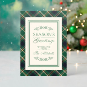 Classic Green Blue Dark Red Plaid Pattern Holiday Letterpress Photo Cards