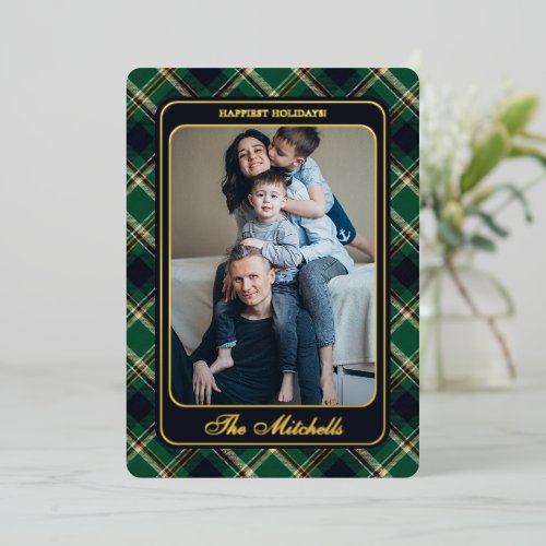 Classic Green Blue Yellow Plaid Pattern Gold Foil Holiday Card