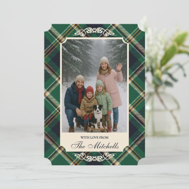 Classic Green Blue Yellow Plaid Pattern Holiday Card (Standing Front)