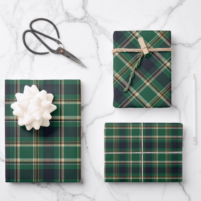 Classic Green Blue Yellow Plaid Pattern Holiday Wrapping Paper Sheets (Front)