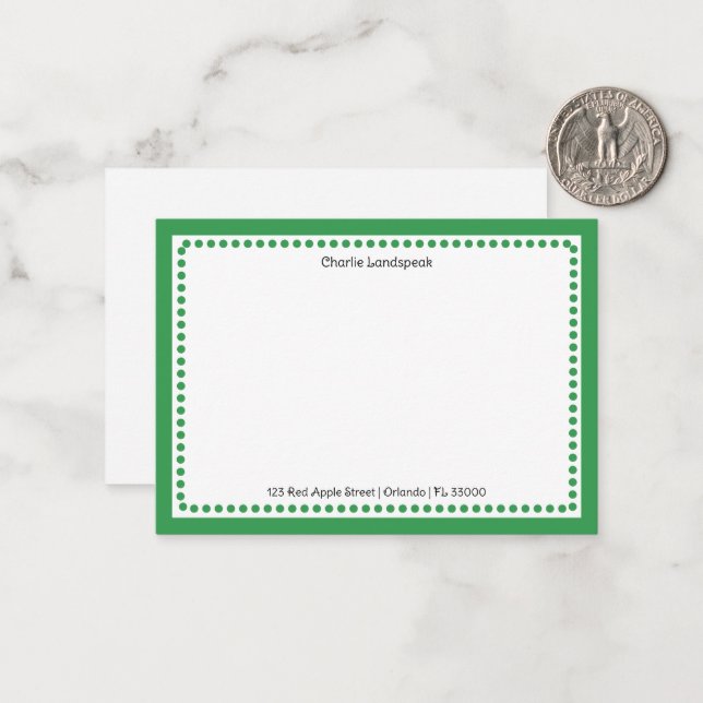 Classic Green Border & Dots Monogrammed  Note Card (Front/Back In Situ)