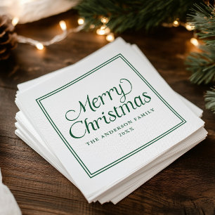 Classic Green Border Merry Christmas Napkins