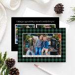 Classic Green Buffalo Plaid Merry Christmas Photo Holiday Card<br><div class="desc">Wrap your favorite photo in cozy green buffalo plaid for a classic farmhouse Christmas look. A clean white frame keeps the focus on your picture, with a simple line for your family name and year. On the back, a sleek black layout features a photo collage and a warm holiday message—perfect...</div>
