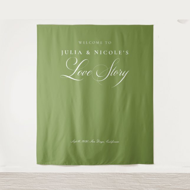 Classic Green Calligraphy Wedding Backdrops Banner (Front)