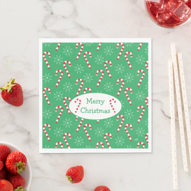 Classic Green Candy Cane and Snowflakes Christmas Napkins (Insitu)