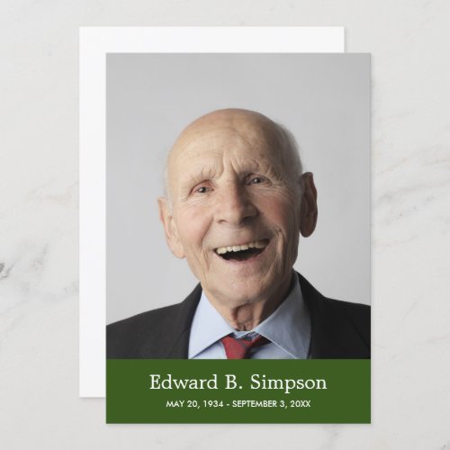 Classic Green Celebration Of Life With Photo Invitation