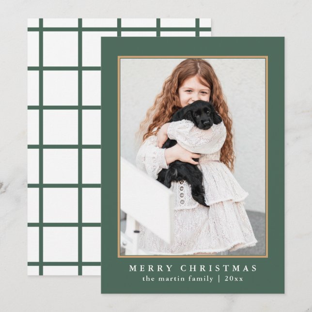 Classic Green Check Merry Christmas Photo Holiday Card (Front/Back)