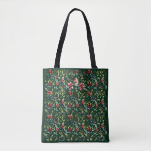 Classic Green Christmas Bird Botanical Red Holiday Tote Bag