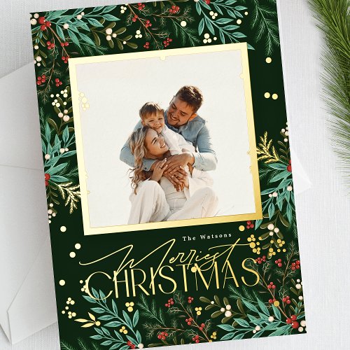 Classic Green Christmas One Photo Gold Botanical Foil Holiday Card