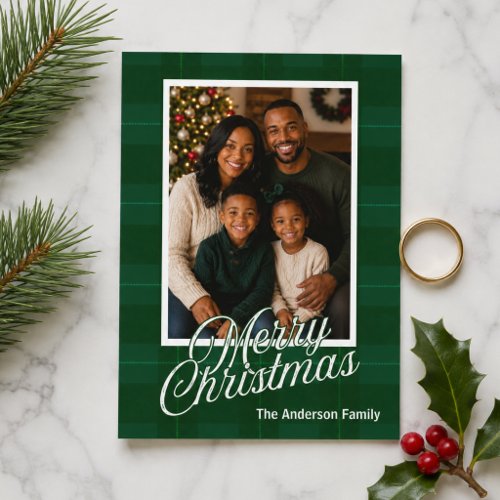Classic Green Christmas Tartan Plaid Family Photo Holiday Card