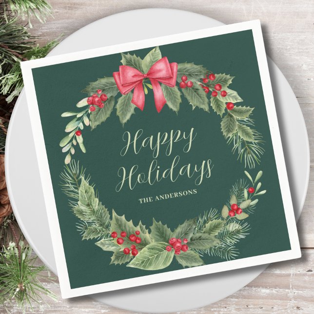 Classic Green Christmas Wreath Name  Napkins (Creator Uploaded)