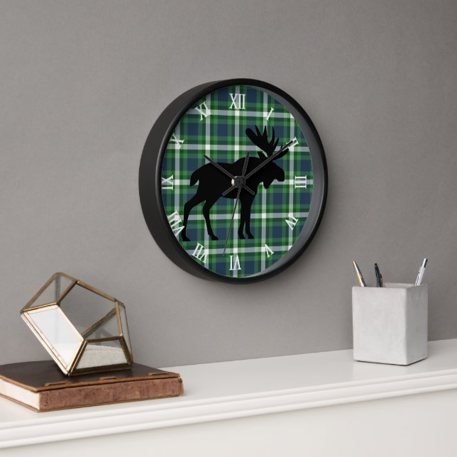 Classic Green Dark Blue Lumberjack Plaid Pattern Clock (Office)