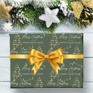 Classic Green Doodle Christmas Tree Reindeer Stars Wrapping Paper