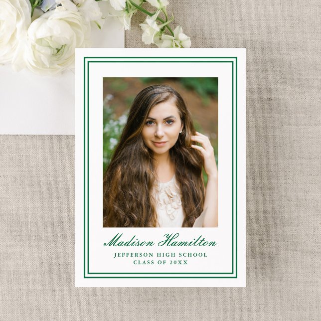 Classic Green Double Border Photo Graduation Announcement (Creator Uploaded)