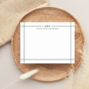 Classic Green Double Line Border Monogram Note Card